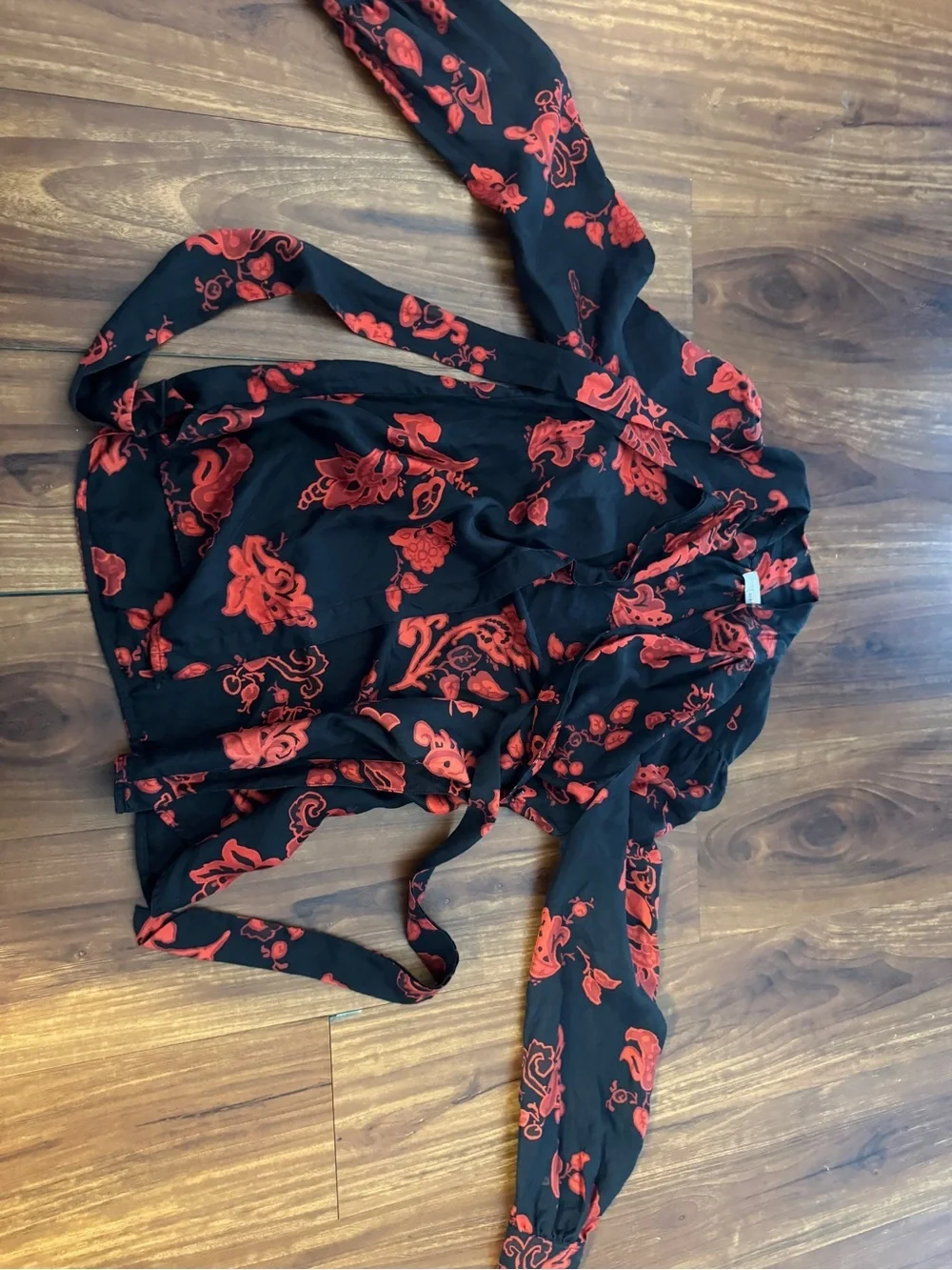 Tory Burch Black Blouse with Red Floral Tie-Neck